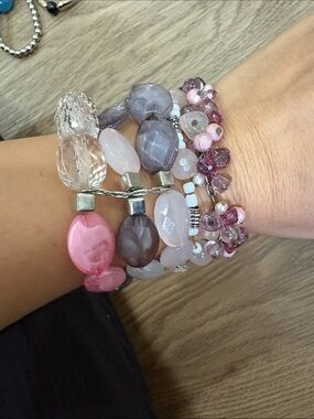 6-Stacked Pink and Lavender Beaded Stretch Bracelet Set